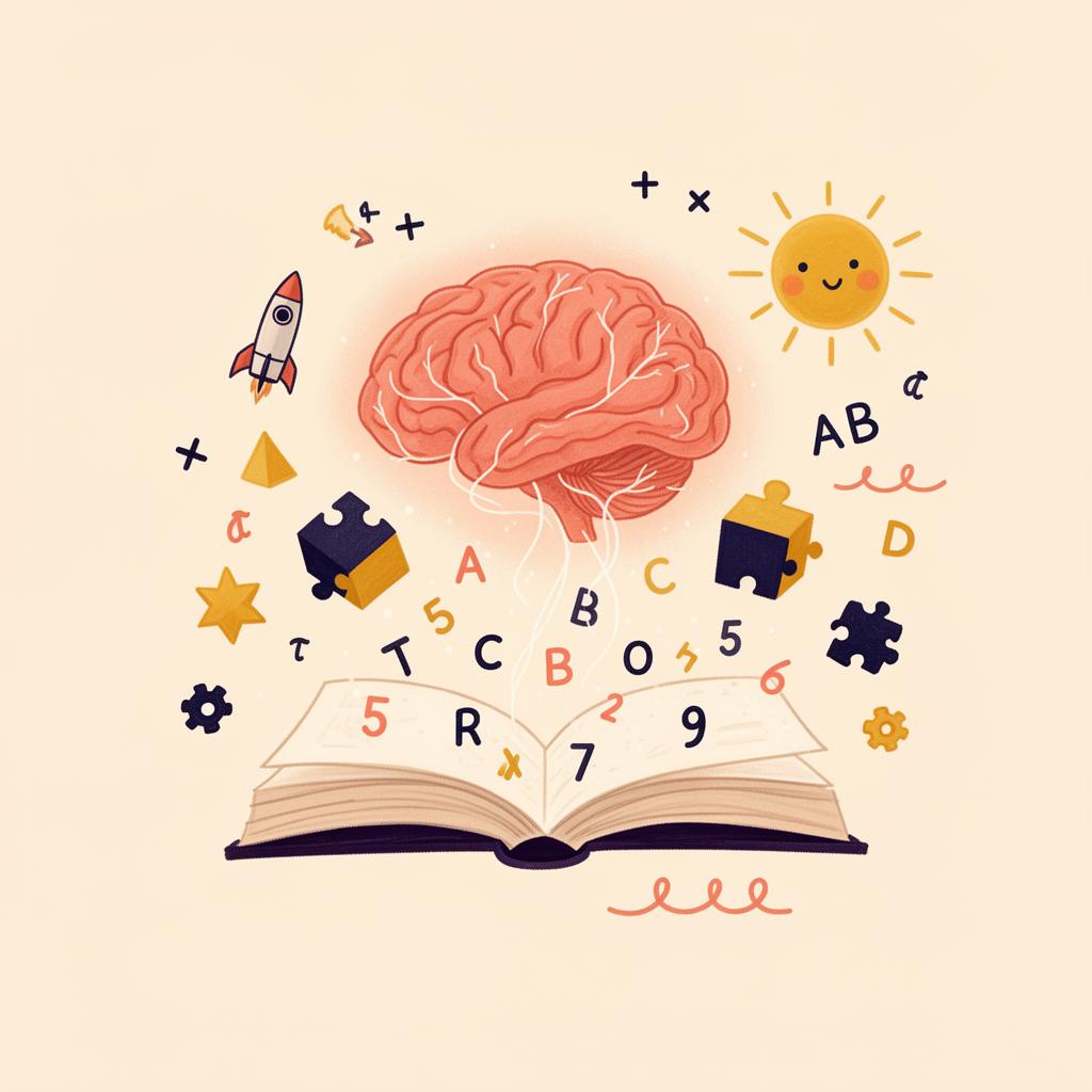Ilustração com livro aberto, cérebro e símbolos de aprendizado representando reforço escolar e neuropsicopedagogia